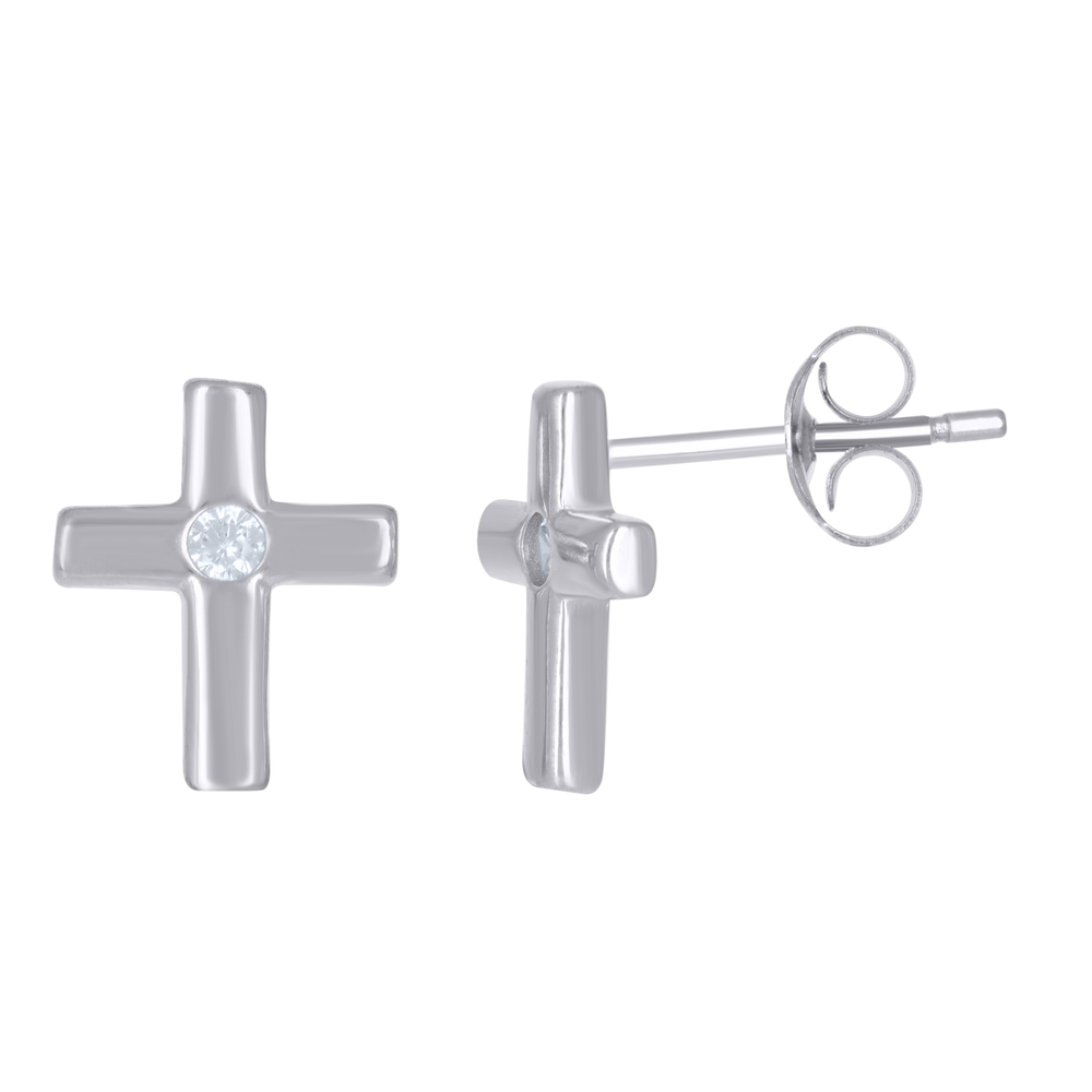 925 Sterling Silver Womens Cubic-Zirconia Cross Religious Stud Earrings